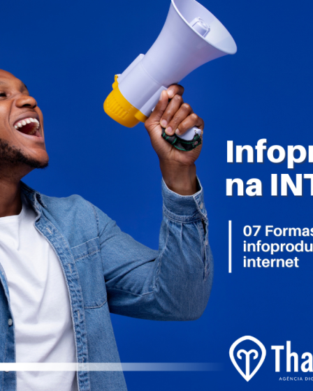 Homem segurando sacola e falando ao megafone como se estivesse anunciando infoprodutos