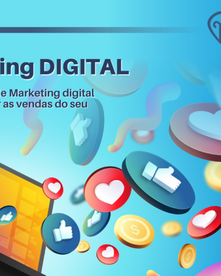 Ícones de dinheiro, redes sociais e curtidas saindo da tela do notebook e voando sobre fundo azul