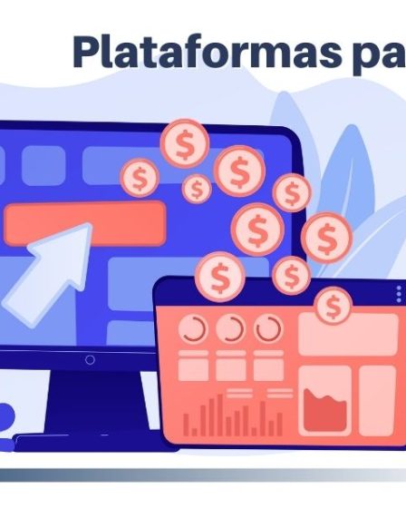 Ilustração de pessoa na frente de tela de monitor e celular com gráficos e cifrões